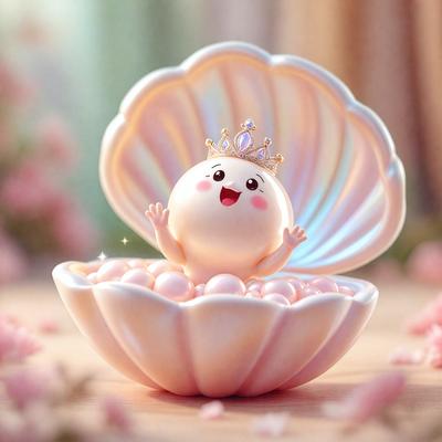 The primary subject of the image is a small, cute, and smiling cartoon character, possibly a baby seahorse, sitting inside a shell. The setting is a pink and white background, which adds to the overall cuteness of the scene. The visual style is a combination of photo and digital art, creating a unique and charming appearance. The colors and mood of the image are predominantly pink and white, giving it a warm and cheerful atmosphere.